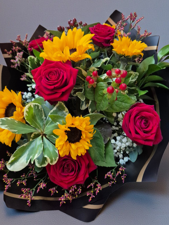 Luxury Red Rose & Sunflower Hand-tied Bouquet